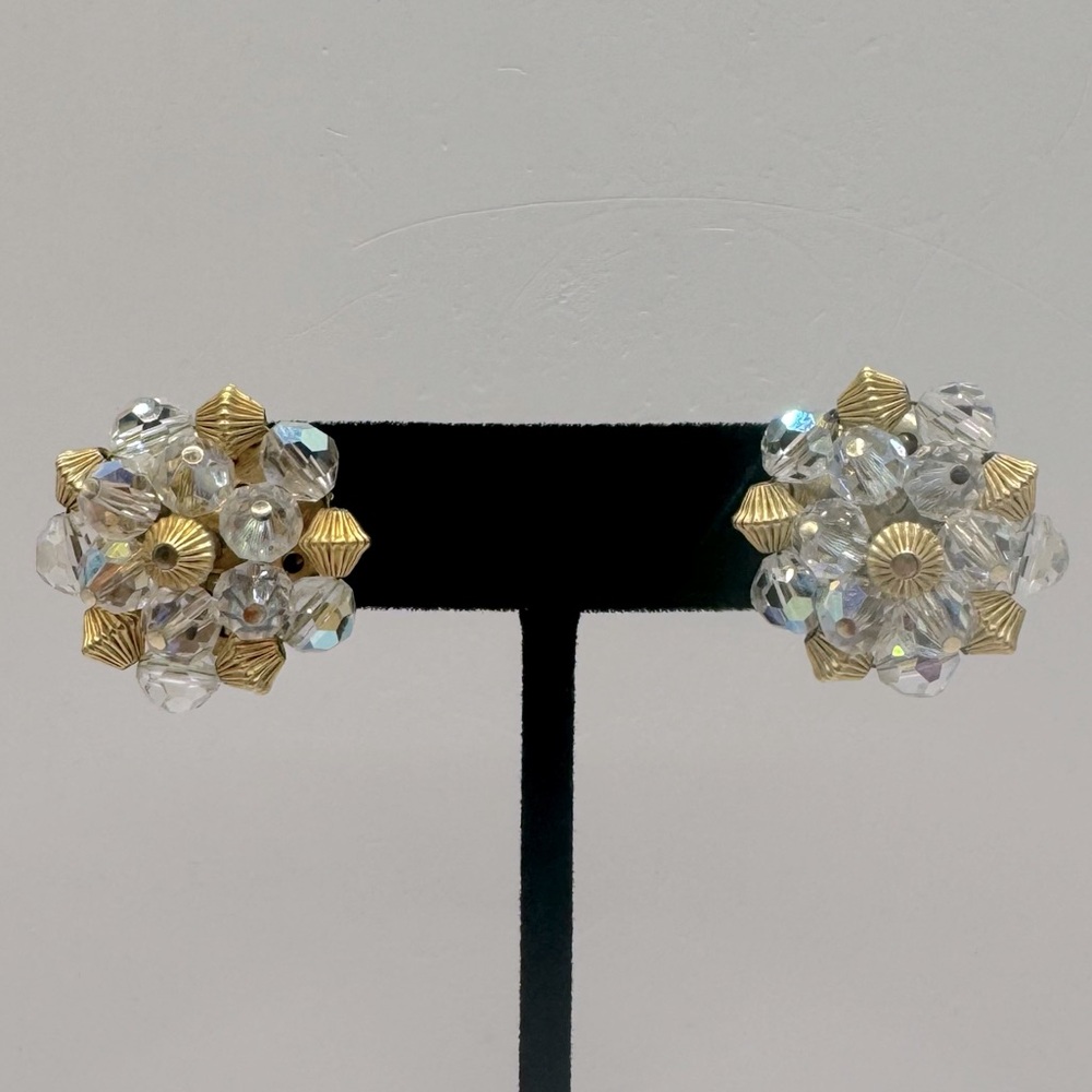 VINTAGE Gold-Tone Aurora Borealis Crystal Beaded Earrings